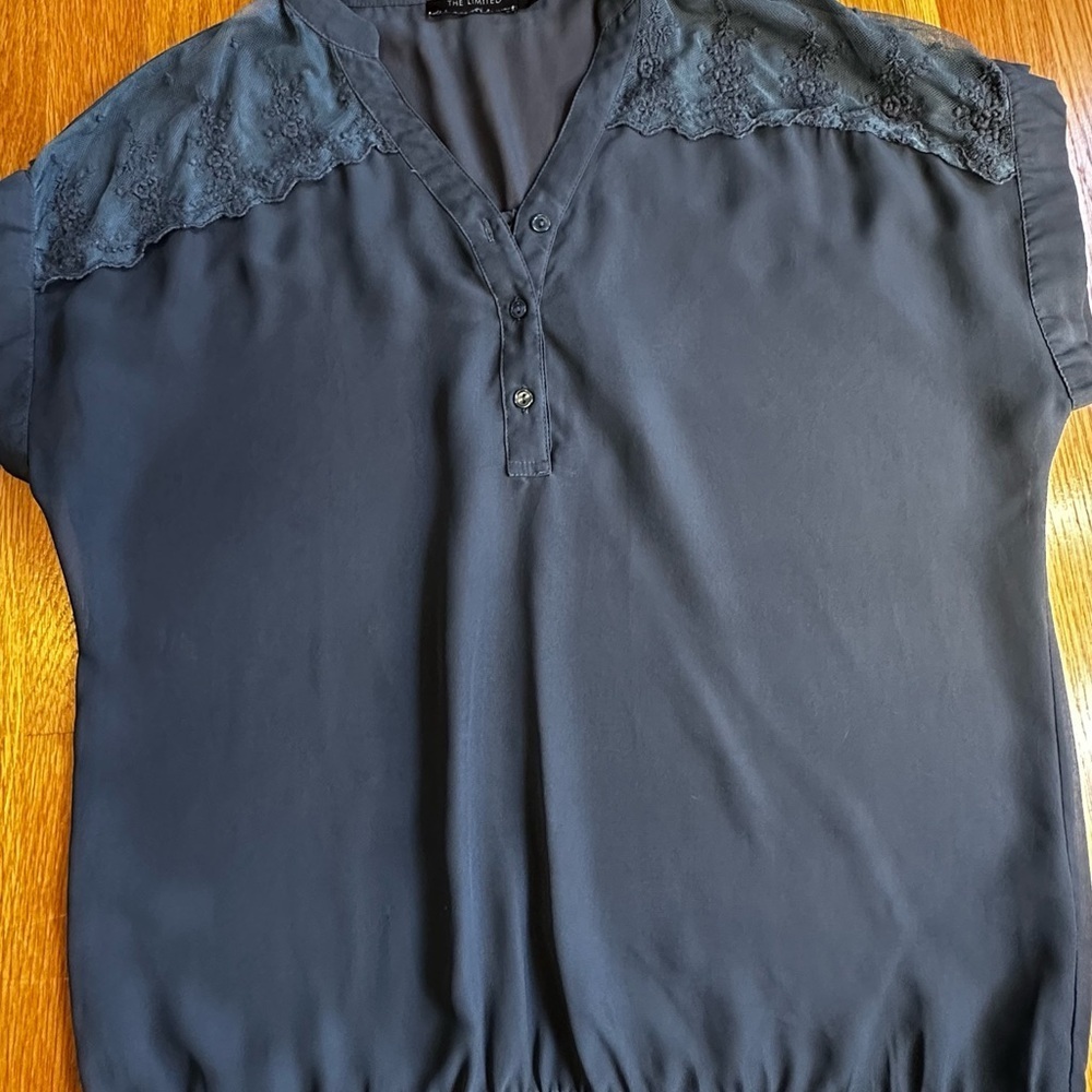 The Limited Navy/Gray Blouse with Lace Accents